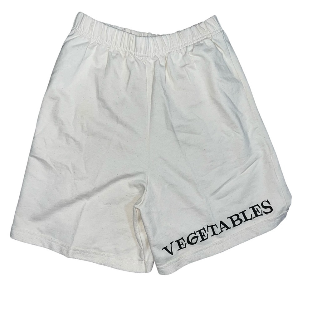 Vintage Cotton Shorts with “Vegetable” text on the Leg Elastic Waistband Large